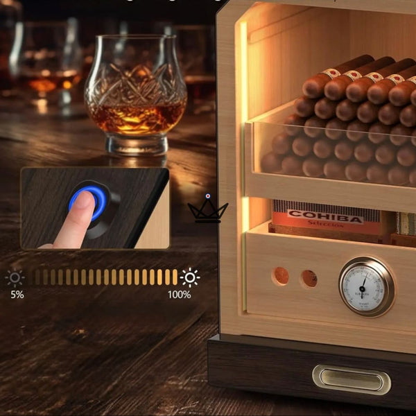 Cave à cigares Prestige Cedar Lux — cèdre, LED tactile, 100-150 cigares, tiroir vitré, 2 humidificateurs, hygromètre façade, Noyer ou Carbone – 9/15