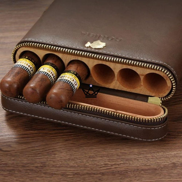 Etui de voyage cuir COHIBA ZIPY - 6 cigares portable luxe cadeau homme indispensable humidificateur inclus marron