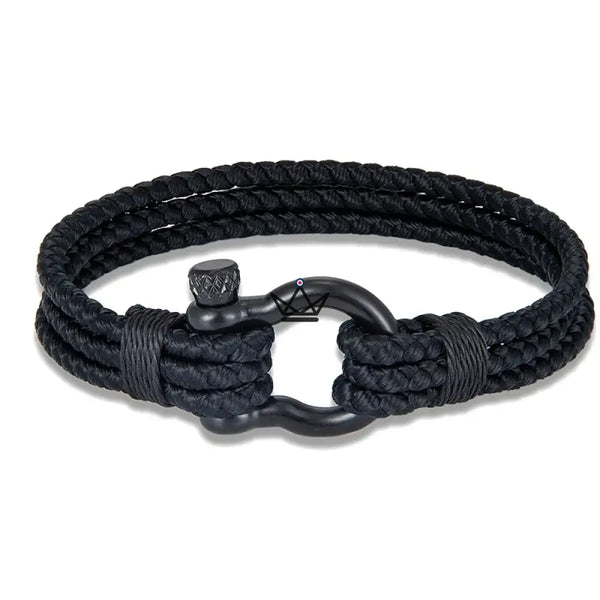 Bracelet cordage tressé à manille marine en acier noir — BOSCO – 7/11