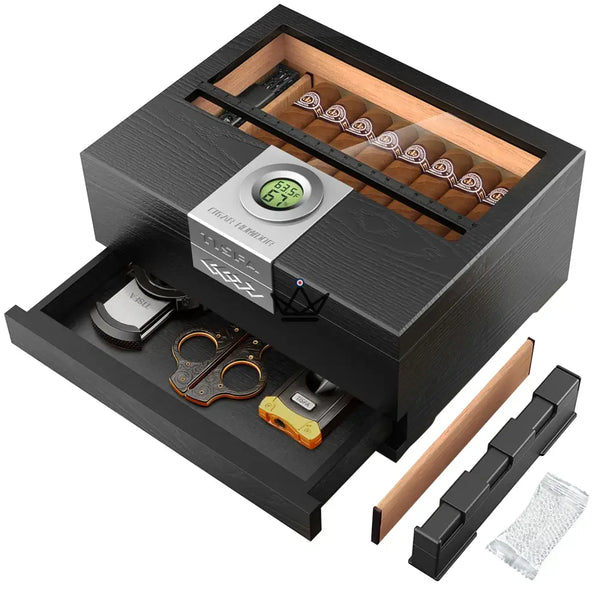 Cave à cigares Horizon Edition — cèdre espagnol, fenêtre vitrée, tiroir, Onyx ou Natural, Onyx Horizon