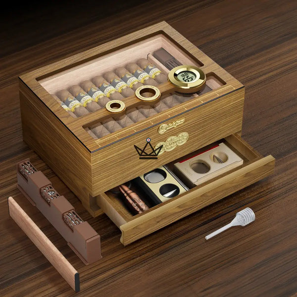 Cave à cigares Orbis Vault — cèdre espagnol, vitre, hygromètre digital & humidificateur gel