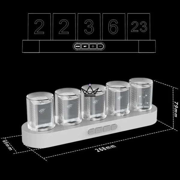 Horloge effet Nixie RVB à tubes transparents, socle ovale - CHROMA