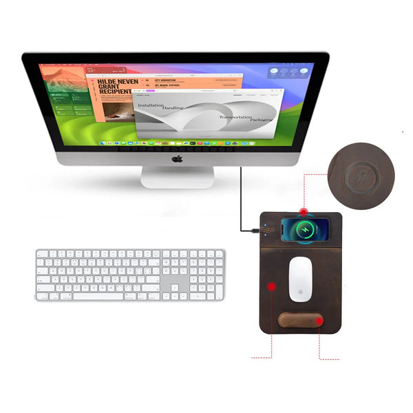 Tapis de souris personnalisable en cuir avec chargeur Sans Fil — Voyageur Magellan – 7/11