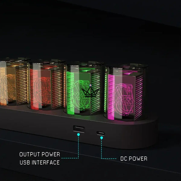 Horloge effet Nixie RVB à tubes transparents, socle ovale - CHROMA