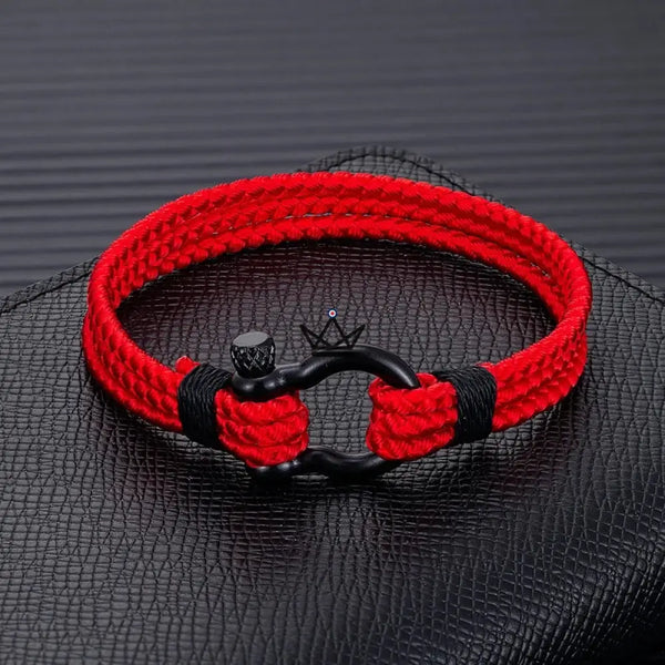 Bracelet cordage tressé à manille marine en acier noir — BOSCO, Rouge / S