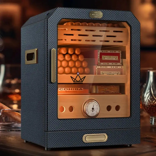 Cave à cigares Prestige Cedar Lux — cèdre, LED tactile, 100-150 cigares, tiroir vitré, 2 humidificateurs, hygromètre façade, Noyer ou Carbone, Fibre de Carbon