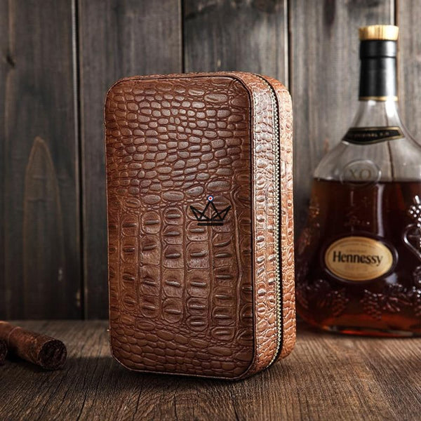 Etui de voyage cuir CLINT CROCO - 6 cigares luxe cadeau homme humidificateur portable cohiba anniversaire fete des peres noel face aligator crocodile