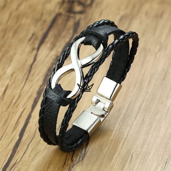 Bracelet en cuir véritable symbole infini — INFINITE, Noir - Argent