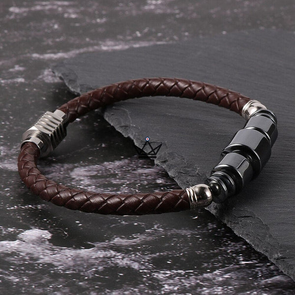 Bracelet en cuir tressé à fermoir magnétique - TITANIUM - - bracelet - Cadeau, Noël, Anniversaire, Original - Atelier Atypique