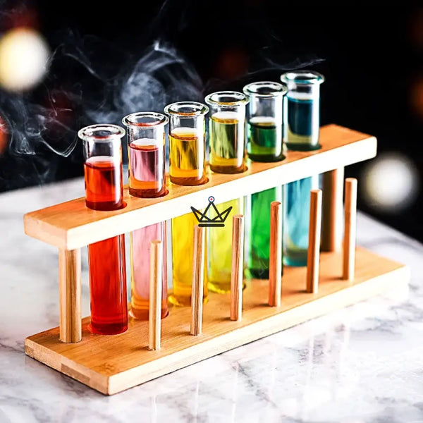 Portoir à éprouvettes en bois et éprouvettes en verre borosilicaté - CORNUE - ["maj-desc","maj-filtre","Objets Scientifiques"] - Objets Scientifiques - Cadeau, Noël, Anniversaire, Original, Fête des pères, fête des mères - Atelier Atypique