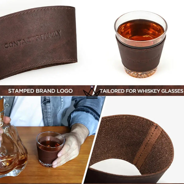 Manchette en cuir personnalisable pour verre à whisky - Voyageur Sleeve - [] - manchette a verre personnalisable - Cadeau, Noël, Anniversaire, Original, Fête des pères, fête des mères - Atelier Atypique