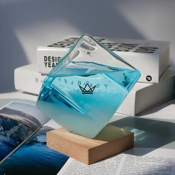 Baromètre à cristaux cube en verre sur socle bois - GIVRE