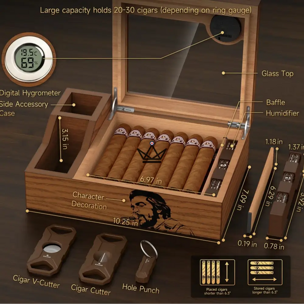 Cave à cigares avec accessoires – Coffret Prestige Libertador - [] - cave a cigare - Cadeau, Noël, Anniversaire, Original, Fête des pères, fête des mères - Atelier Atypique