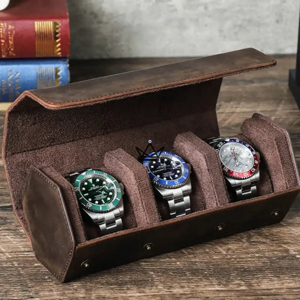 Etui de voyage personnalisable pour montre automatique en cuir - Voyageur Hexagone - ["Maroquinerie Personnalisable"] - etui montre personnalisable - Cadeau, Noël, Anniversaire, Original, Fête des pères, fête des mères - Atelier Atypique