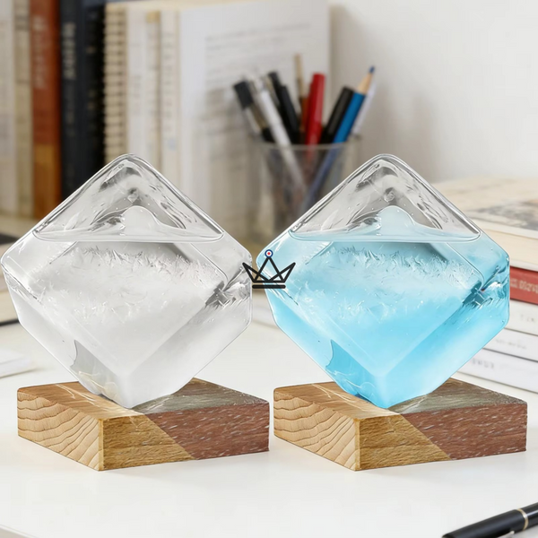 Baromètre à cristaux cube en verre sur socle bois - GIVRE
