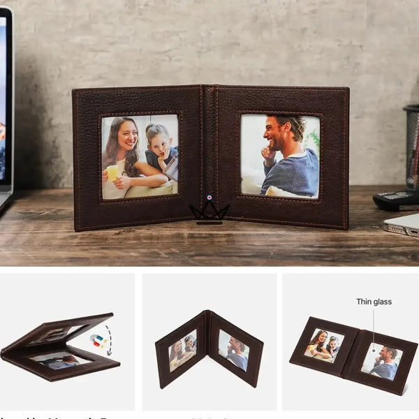 Cadre photo double pliant en cuir personnalisable - Voyageur SOUVENIR - ["Divers personnalisable","maj-desc","maj-filtre","Maroquinerie Personnalisable"] - cadre photo personnalisable - Cadeau, Noël, Anniversaire, Original, Fête des pères, fête des mères - Atelier Atypique