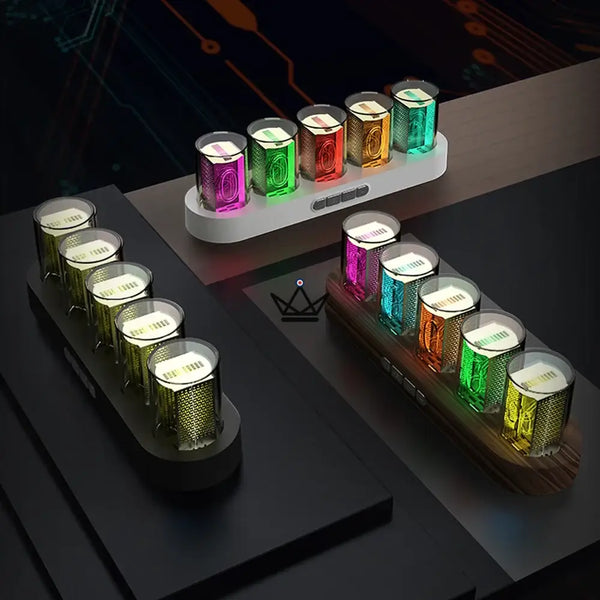 Horloge effet Nixie RVB à tubes transparents, socle ovale - CHROMA