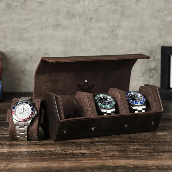 Etui de voyage personnalisable pour montre automatique en cuir - Voyageur Hexagone - ["Maroquinerie Personnalisable"] - etui montre personnalisable - Cadeau, Noël, Anniversaire, Original, Fête des pères, fête des mères - Atelier Atypique