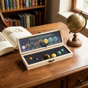 Système solaire en pierres naturelles, 9 sphères en coffret bois — SIDÉRAL