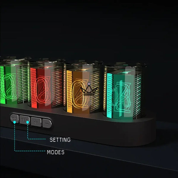 Horloge effet Nixie RVB à tubes transparents, socle ovale - CHROMA