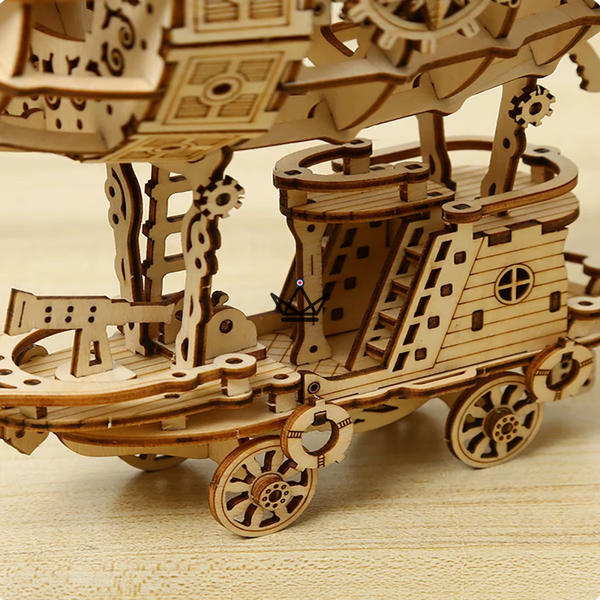 Puzzle 3D en bois dirigeable steampunk sur chariot à construire - ZÉPHYRE