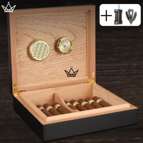 Cave à Cigares BLACK WOOD — Cèdre Espagnol, 20 Cigares, Hygromètre & Humidificateur