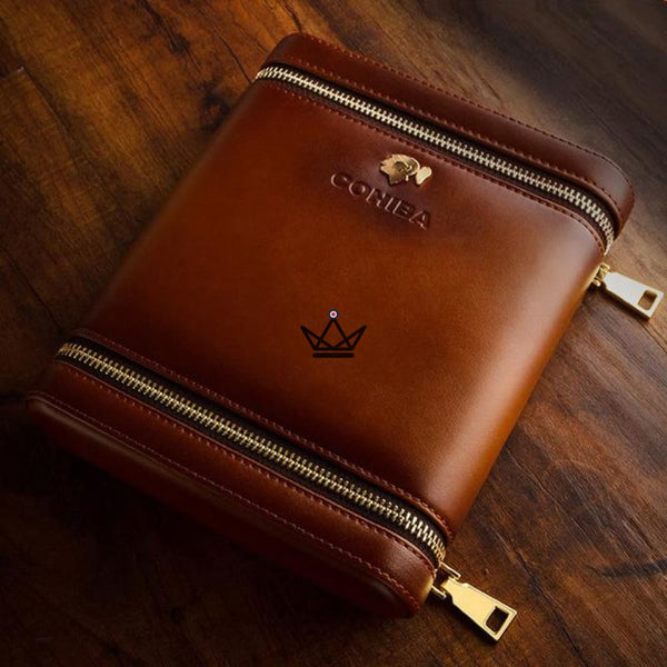 Etui de voyage cuir COHIBA ZIPY - 6 cigares portable luxe cadeau homme indispensable humidificateur inclus marron chocolat