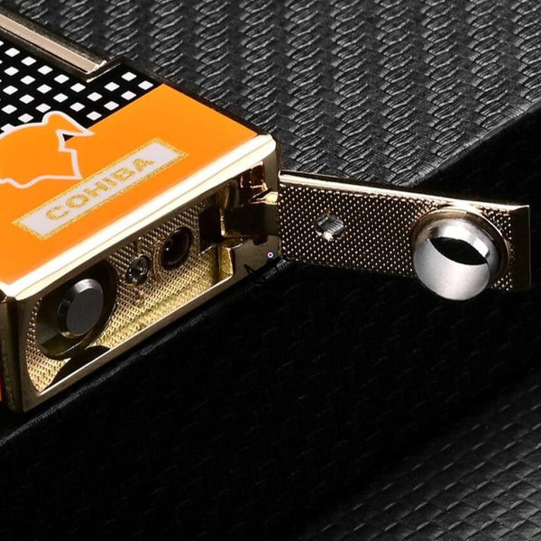 Briquet Chalumeau COHIBA - GAMBIT noir jaune rechargeable silex luxe poinçon ouvert