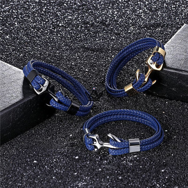 bracelet cordon ancre or noir argent bleu 
