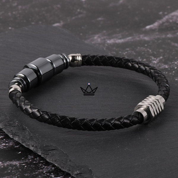 Bracelet en cuir tressé à fermoir magnétique - TITANIUM -  - bracelet - Cadeau, Noël, Anniversaire, Original - Atelier Atypique