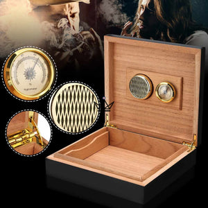 Cave à Cigare - BLACK WOOD avec hygrometre et humidificateur noir