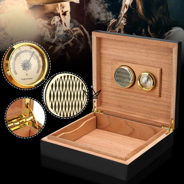 Cave à Cigare - BLACK WOOD avec hygrometre et humidificateur noir